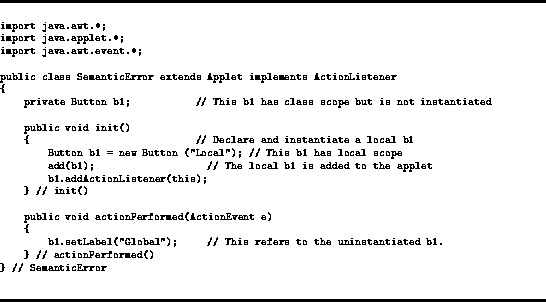 \begin{figure}
\rule{4.75in}{.05cm}
\scriptsize
\begin{verbatim}
import java.awt...
 ...ed()
} // SemanticError\end{verbatim}\normalsize\rule{4.75in}{.05cm}\end{figure}
